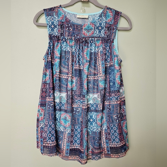 Bobbie Brooks Sheer Yoke Aqua Blue Pink Mesh Sleeveless Boho Blouse - Picture 1 of 9